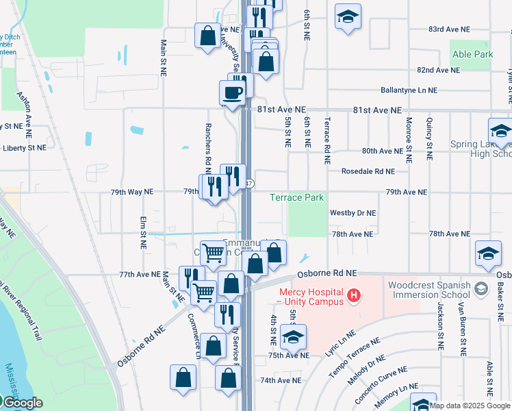 map of restaurants, bars, coffee shops, grocery stores, and more near 7879 University Avenue Northeast in Spring Lake Park