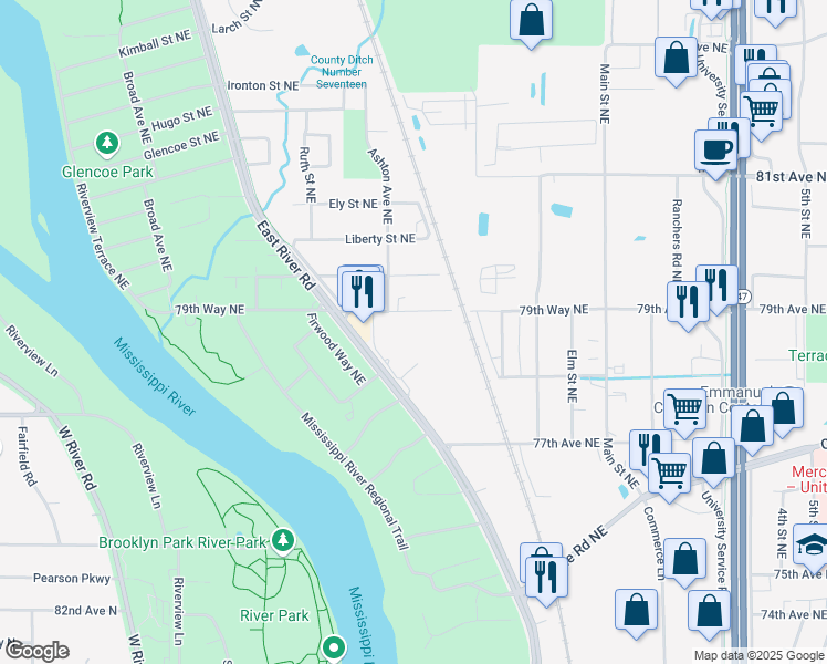 map of restaurants, bars, coffee shops, grocery stores, and more near 7875 East River Road in Fridley