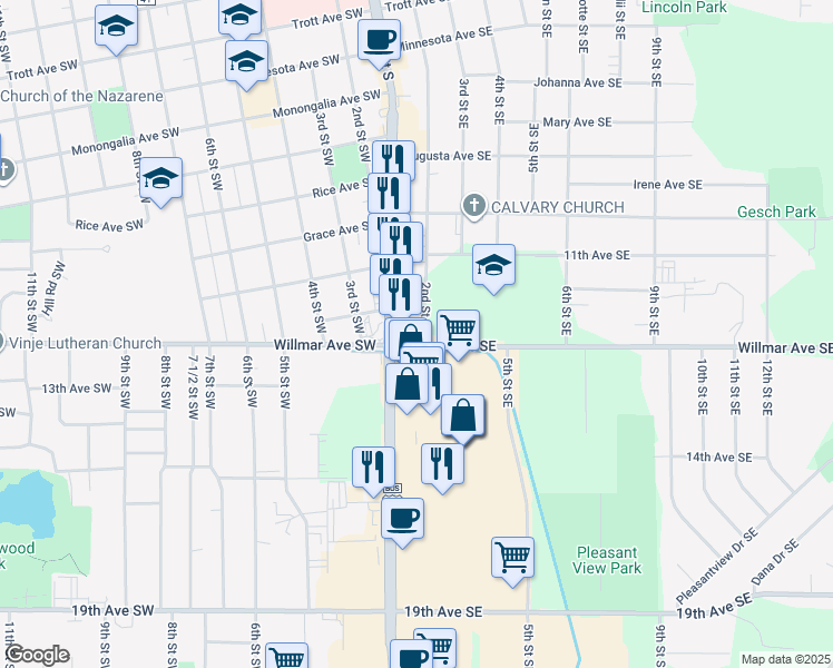 map of restaurants, bars, coffee shops, grocery stores, and more near 1124 2nd Street Southeast in Willmar