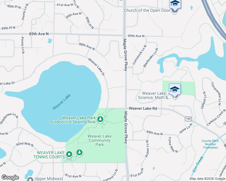 map of restaurants, bars, coffee shops, grocery stores, and more near 16938 Weaver Lake Drive in Osseo