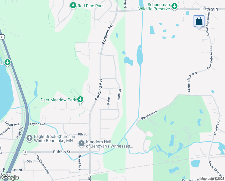 map of restaurants, bars, coffee shops, grocery stores, and more near 5578 Katie Lane in White Bear Lake