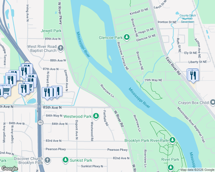 map of restaurants, bars, coffee shops, grocery stores, and more near 8608 Riverview Lane in Brooklyn Park