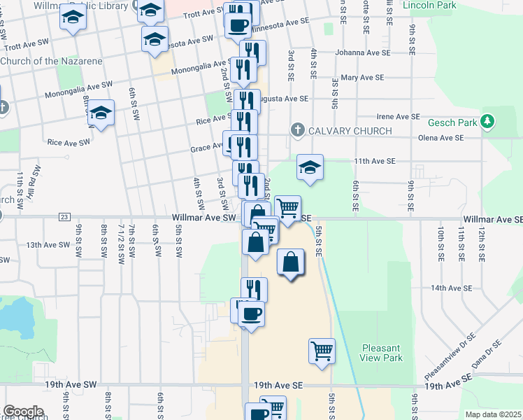 map of restaurants, bars, coffee shops, grocery stores, and more near 1124 2nd Street Southeast in Willmar