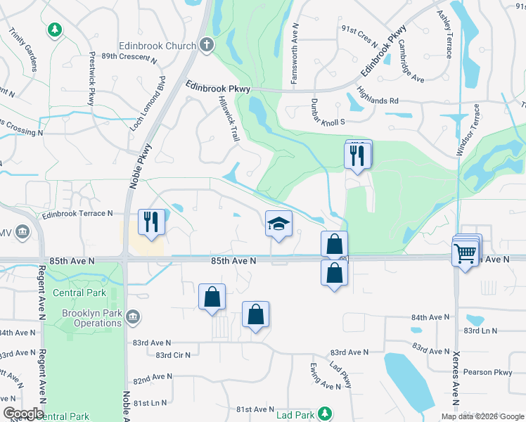 map of restaurants, bars, coffee shops, grocery stores, and more near 4024 Edinbrook Terrace in Minneapolis