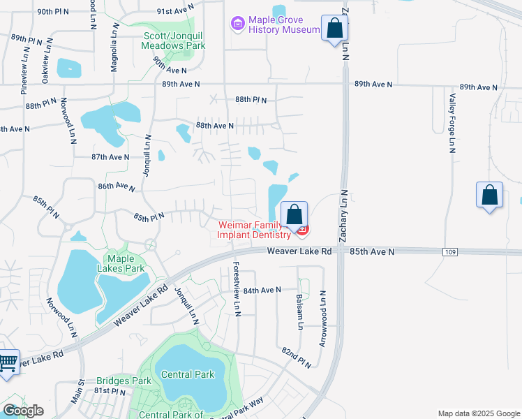 map of restaurants, bars, coffee shops, grocery stores, and more near 8546 Deerwood Lane North in Maple Grove