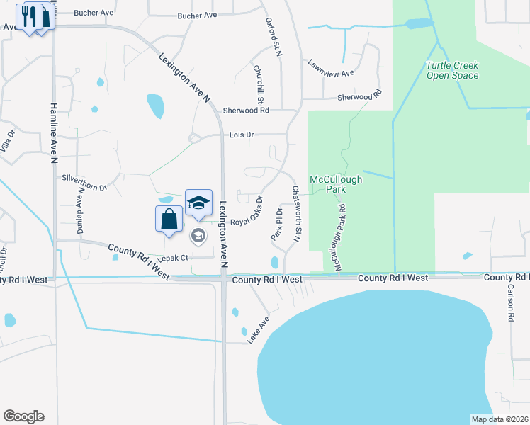 map of restaurants, bars, coffee shops, grocery stores, and more near 5618 Royal Oaks Drive in Shoreview