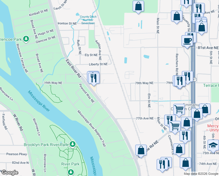 map of restaurants, bars, coffee shops, grocery stores, and more near 7875 East River Road in Fridley