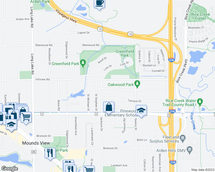 map of restaurants, bars, coffee shops, grocery stores, and more near 2279 Oakwood Drive in Mounds View