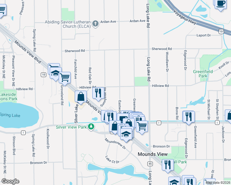 map of restaurants, bars, coffee shops, grocery stores, and more near 7867 Eastwood Road in Mounds View