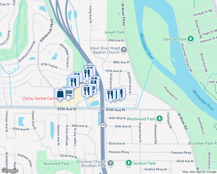 map of restaurants, bars, coffee shops, grocery stores, and more near 8617 North Girard Avenue in Minneapolis