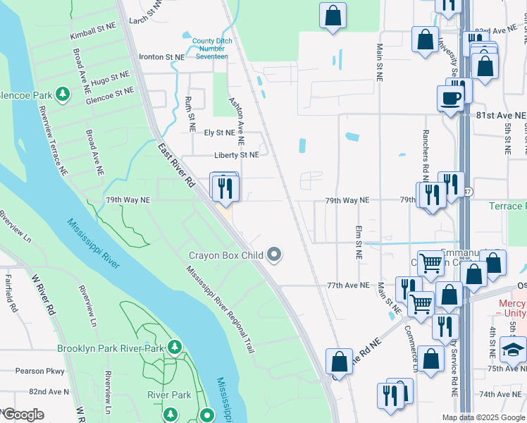 map of restaurants, bars, coffee shops, grocery stores, and more near 7875 East River Road in Fridley