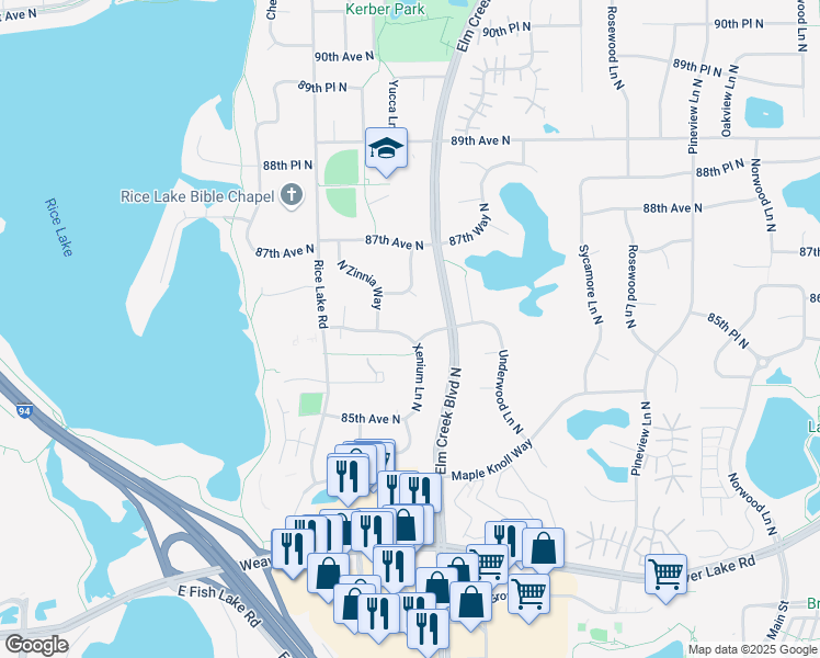 map of restaurants, bars, coffee shops, grocery stores, and more near 13600 86th Avenue North in Maple Grove