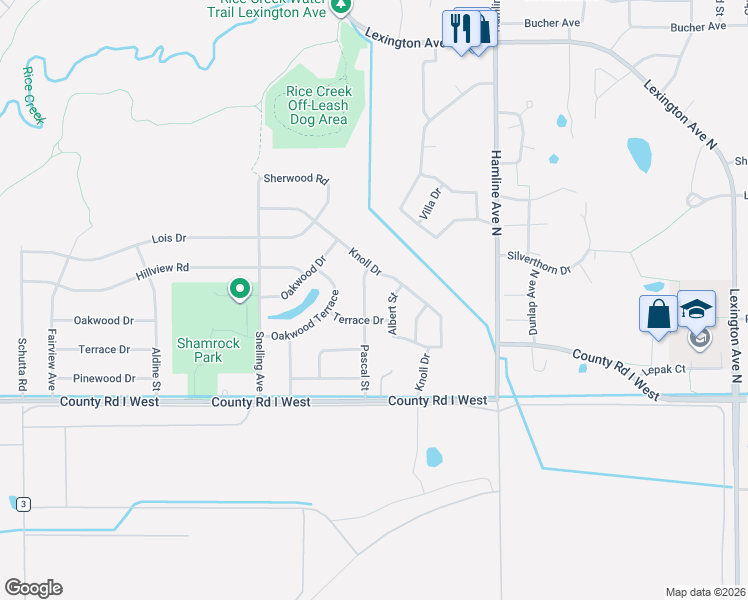 map of restaurants, bars, coffee shops, grocery stores, and more near 5616 Pascal Street in Shoreview