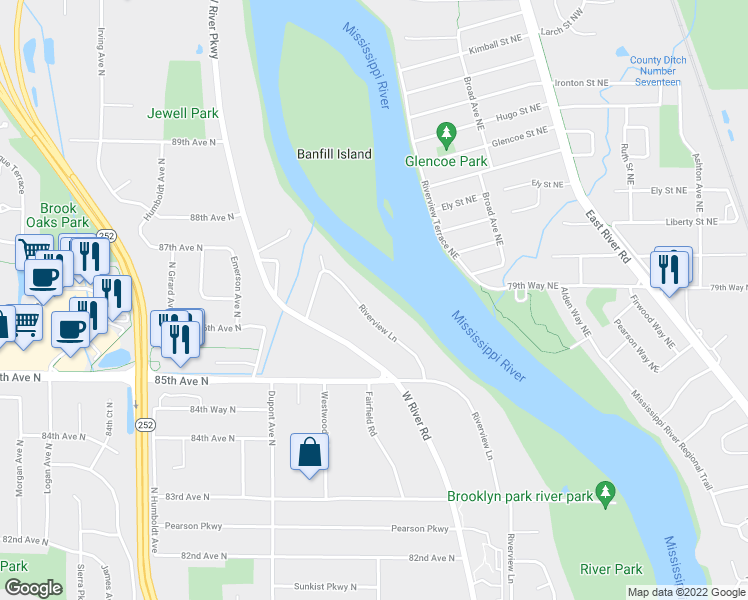 map of restaurants, bars, coffee shops, grocery stores, and more near 8608 Riverview Lane in Brooklyn Park