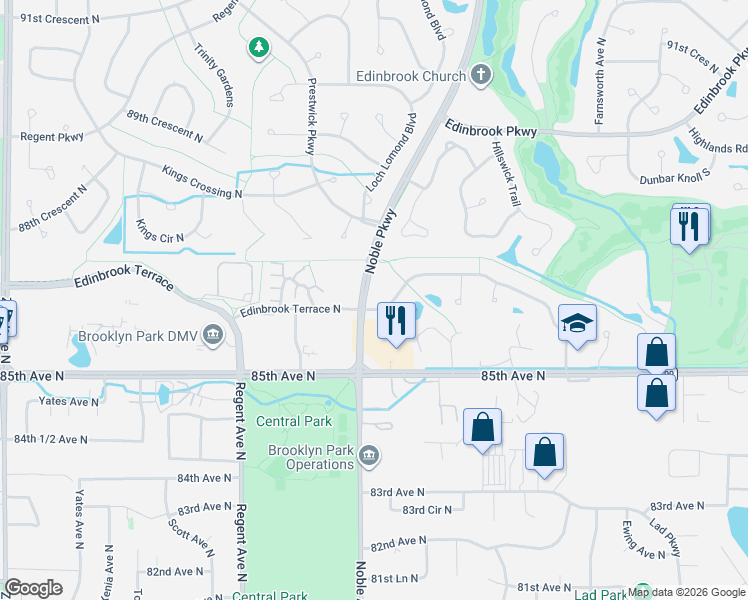 map of restaurants, bars, coffee shops, grocery stores, and more near 4624 Edinbrook Terrace in Minneapolis