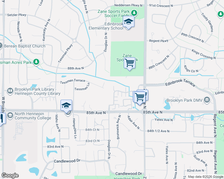 map of restaurants, bars, coffee shops, grocery stores, and more near 6228 Creekview Lane North in Brooklyn Park