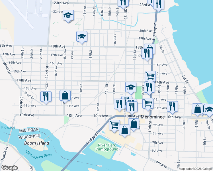 map of restaurants, bars, coffee shops, grocery stores, and more near 1378 15th St in Menominee