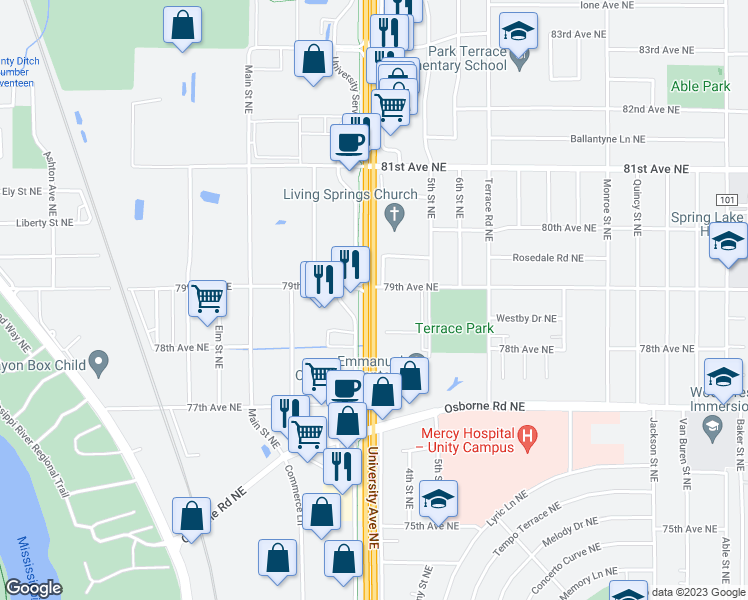 map of restaurants, bars, coffee shops, grocery stores, and more near 7879 University Avenue Northeast in Spring Lake Park