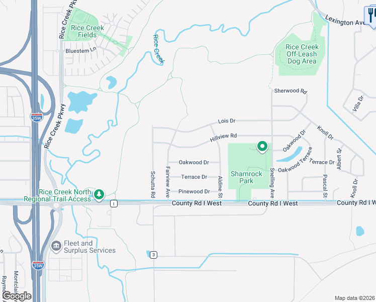 map of restaurants, bars, coffee shops, grocery stores, and more near 1750 Hillview Road in Shoreview