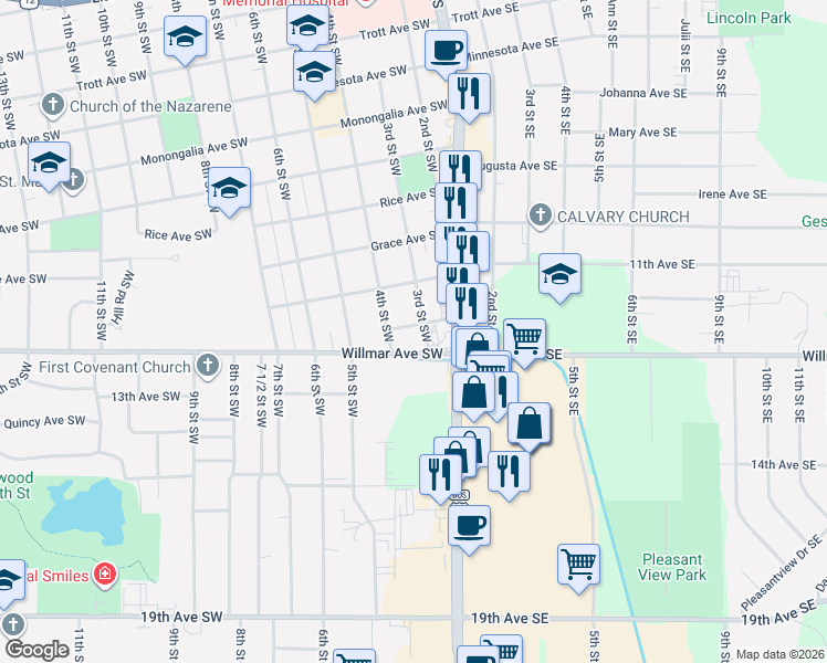 map of restaurants, bars, coffee shops, grocery stores, and more near 1206 3rd Street Southwest in Willmar