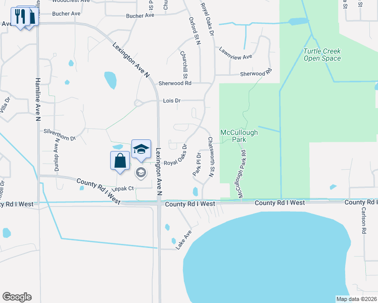 map of restaurants, bars, coffee shops, grocery stores, and more near 5618 Royal Oaks Drive in Shoreview