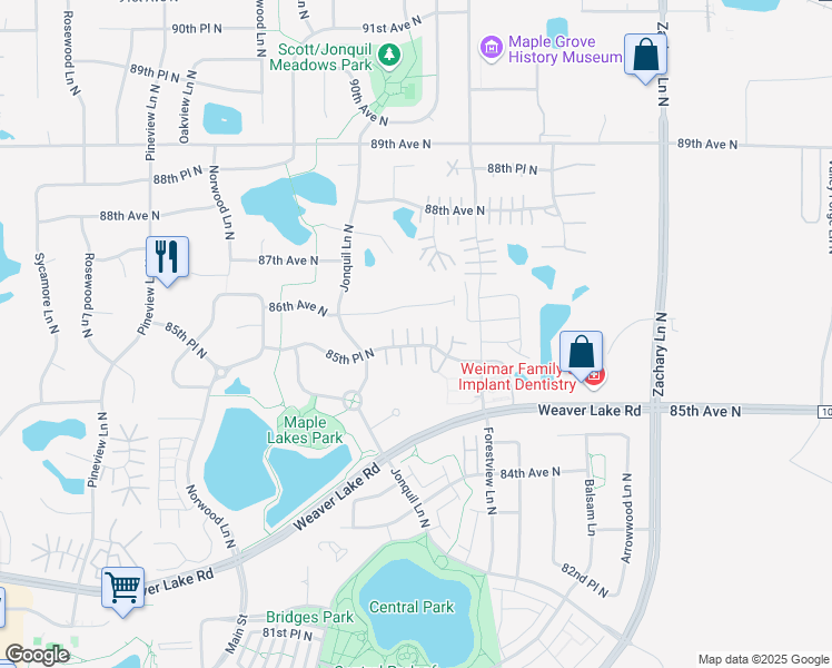 map of restaurants, bars, coffee shops, grocery stores, and more near 11912 85th Place North in Maple Grove