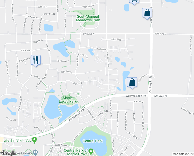 map of restaurants, bars, coffee shops, grocery stores, and more near 11834 85th Place North in Maple Grove