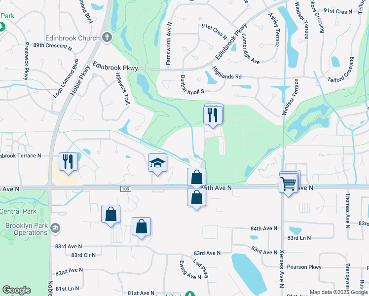 map of restaurants, bars, coffee shops, grocery stores, and more near 8601 Edinbrook Crossing in Minneapolis