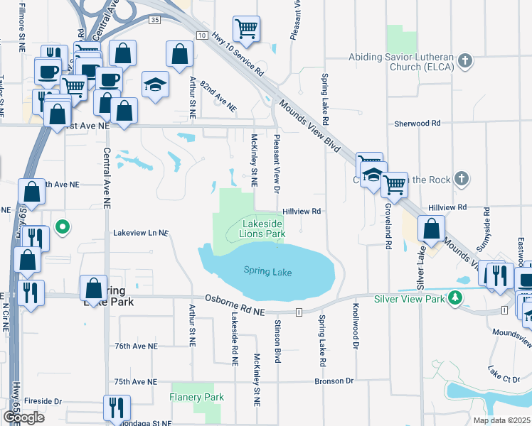 map of restaurants, bars, coffee shops, grocery stores, and more near 7902 County Road 124 in Spring Lake Park