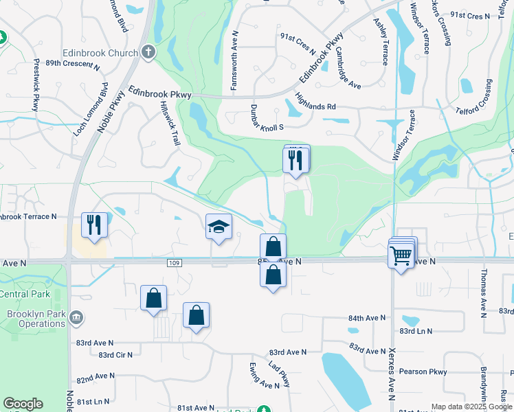 map of restaurants, bars, coffee shops, grocery stores, and more near 8601 Edinbrook Crossing in Minneapolis