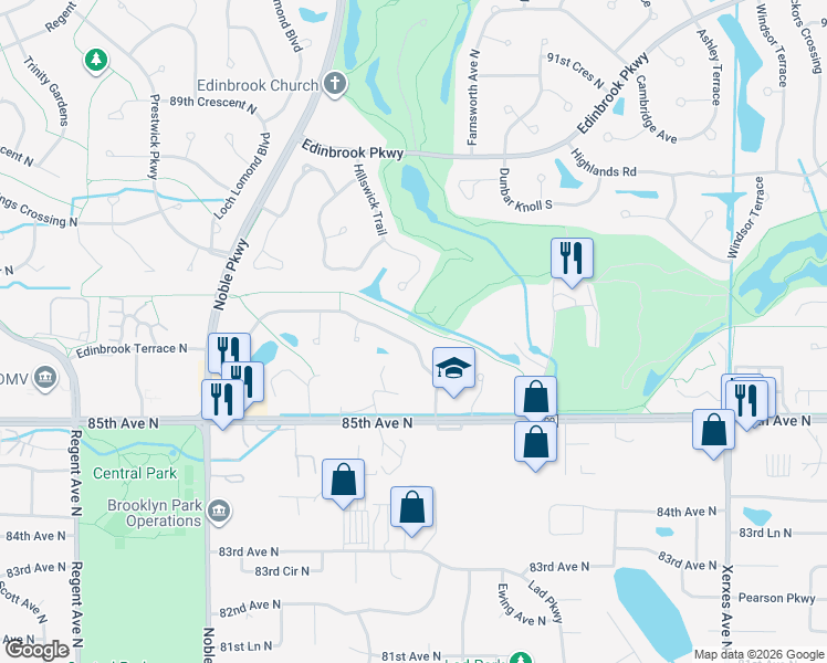 map of restaurants, bars, coffee shops, grocery stores, and more near 4024 Edinbrook Terrace in Minneapolis