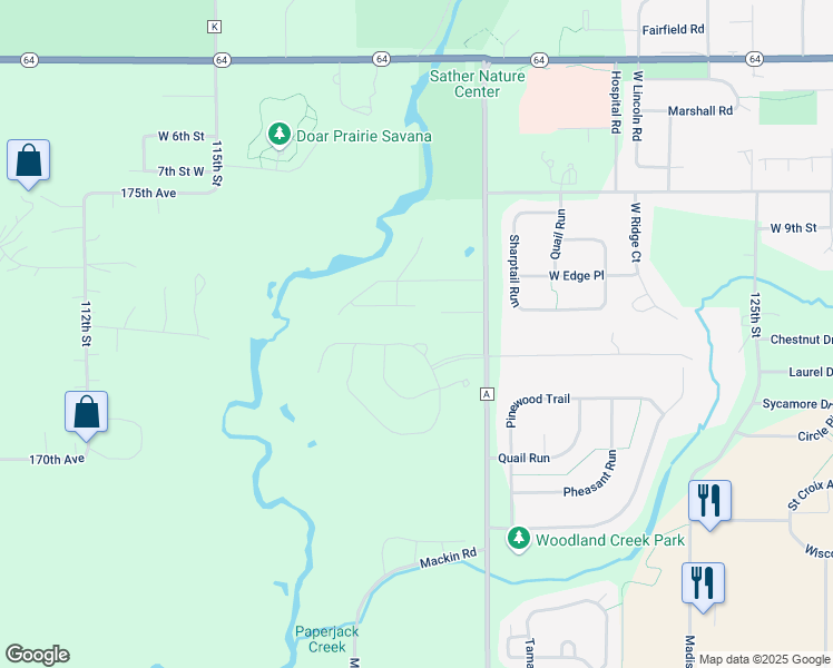 map of restaurants, bars, coffee shops, grocery stores, and more near 1313 Bluff Border Road in New Richmond