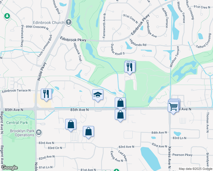 map of restaurants, bars, coffee shops, grocery stores, and more near 8601 Edinbrook Crossing in Minneapolis