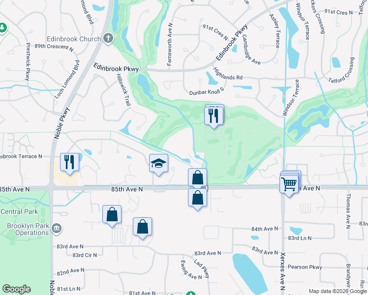 map of restaurants, bars, coffee shops, grocery stores, and more near 8617 Edinbrook Crossing in Minneapolis