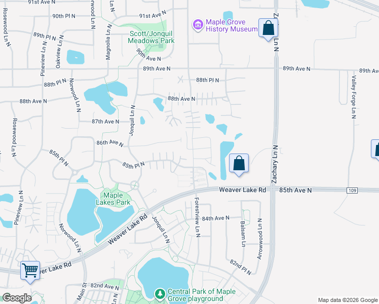 map of restaurants, bars, coffee shops, grocery stores, and more near 11694 85th Place North in Maple Grove