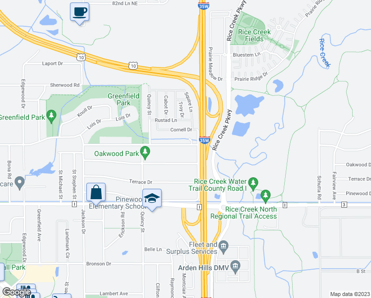 map of restaurants, bars, coffee shops, grocery stores, and more near 2090 Hillview Road in Mounds View