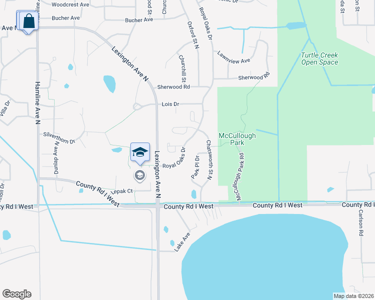 map of restaurants, bars, coffee shops, grocery stores, and more near 5618 Royal Oaks Drive in Shoreview