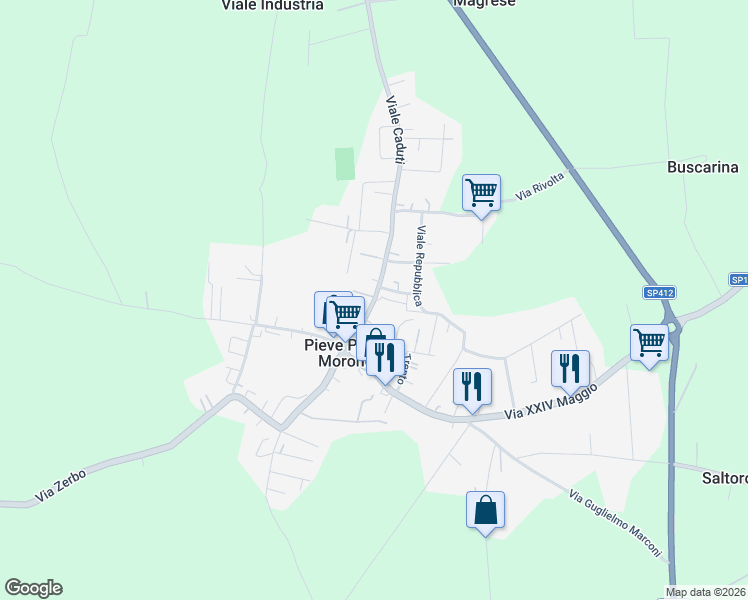 map of restaurants, bars, coffee shops, grocery stores, and more near 64 Via Roma in Pieve Porto Morone