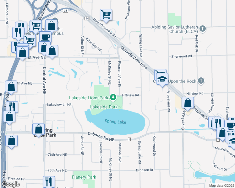 map of restaurants, bars, coffee shops, grocery stores, and more near 7902 County Road 124 in Spring Lake Park