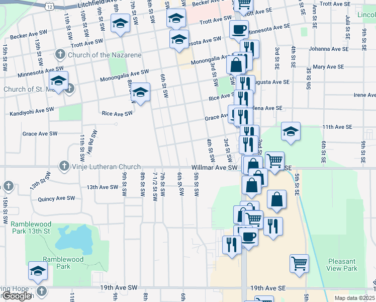 map of restaurants, bars, coffee shops, grocery stores, and more near 512 Willmar Avenue Southwest in Willmar