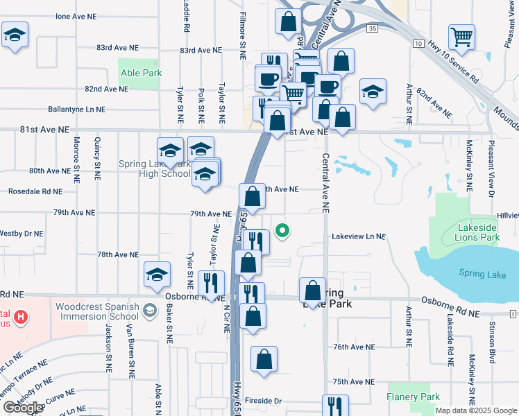 map of restaurants, bars, coffee shops, grocery stores, and more near 1146 79th Avenue Northeast in Minneapolis