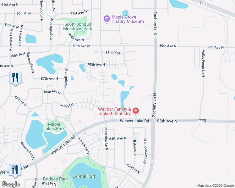 map of restaurants, bars, coffee shops, grocery stores, and more near 8546 Deerwood Lane North in Maple Grove