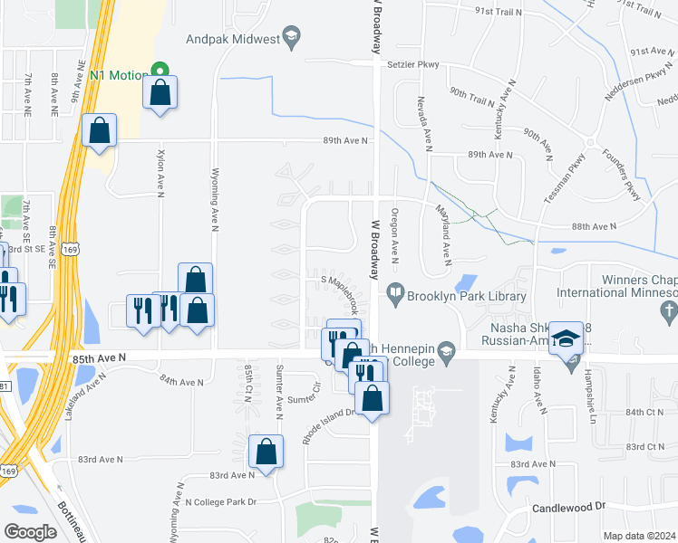 map of restaurants, bars, coffee shops, grocery stores, and more near 8634 South Maplebrook Circle in Minneapolis