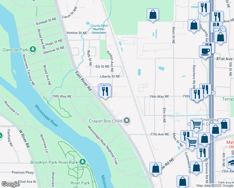 map of restaurants, bars, coffee shops, grocery stores, and more near 181 79th Way Northeast in Minneapolis