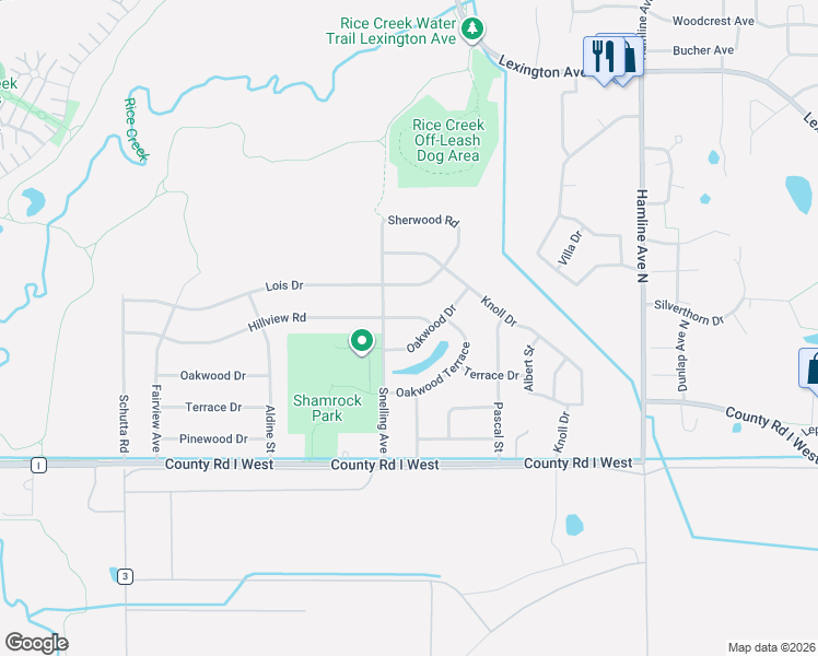 map of restaurants, bars, coffee shops, grocery stores, and more near 1541 Hillview Road in Shoreview