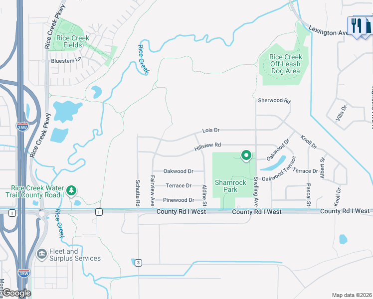 map of restaurants, bars, coffee shops, grocery stores, and more near 1716 Lois Drive in Shoreview