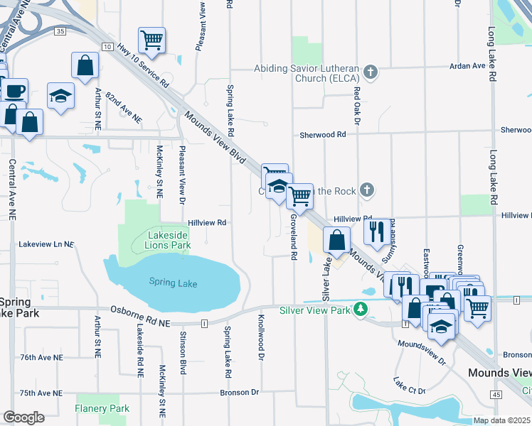 map of restaurants, bars, coffee shops, grocery stores, and more near 1850 County Highway 10 in Spring Lake Park