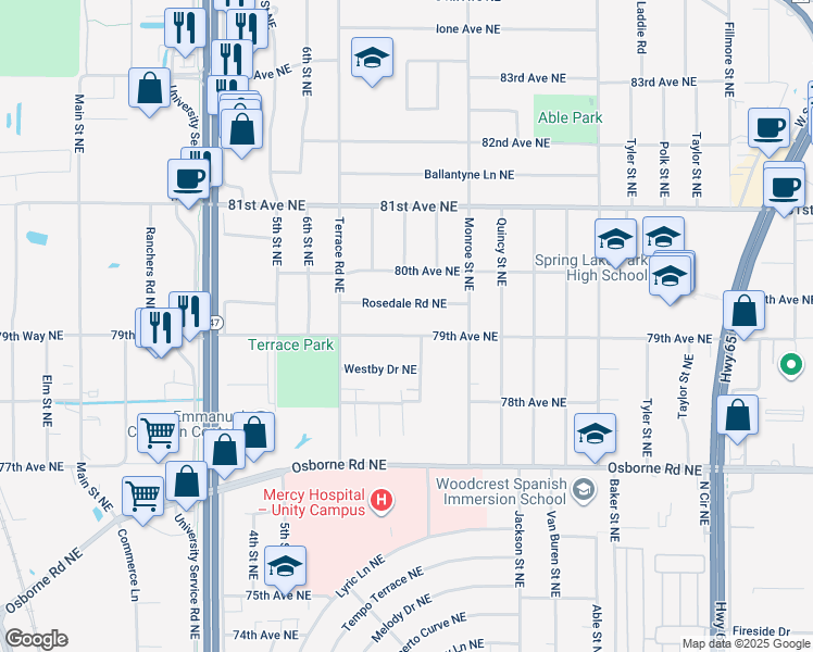map of restaurants, bars, coffee shops, grocery stores, and more near 575 Rosedale Road Northeast in Minneapolis