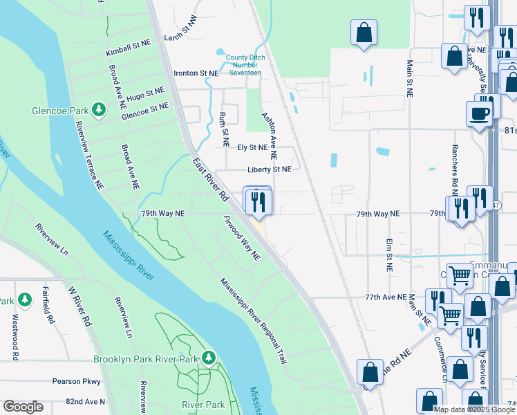 map of restaurants, bars, coffee shops, grocery stores, and more near 281 Longfellow Street Northeast in Fridley