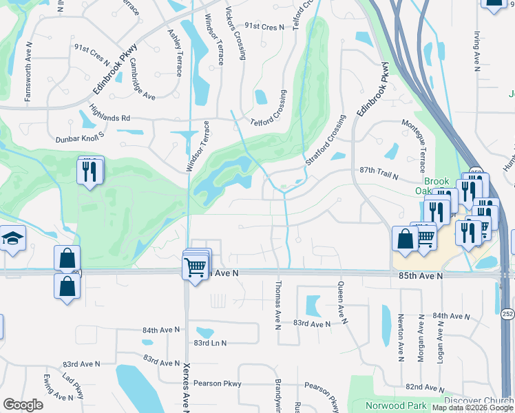 map of restaurants, bars, coffee shops, grocery stores, and more near 8707 Stratford Crossing in Minneapolis